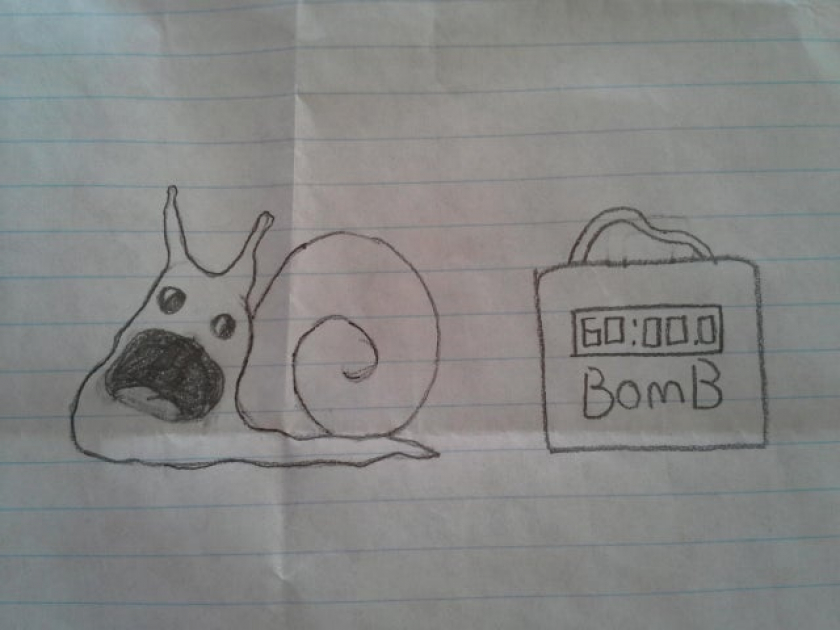 My son drew this in 5th grade. Perhaps I'm biased but I thought it was clever and funny.