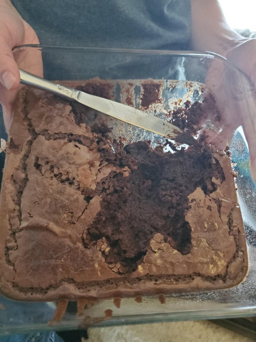 My 3.5 year old ran inside to go to the bathroom, but apparently took a detour for a fistful of brownies. There's literally a handprint in the middle of the pan.