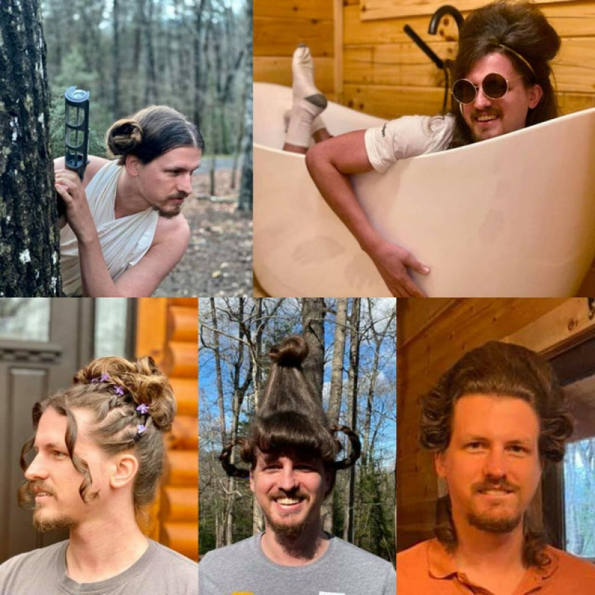 A hairstylist friend of mine is doing her boyfriend's hair each day they are quarantined! So far we have Leia, Amy Winehouse, 90's prom, Cindy Lou Who, and George Washington.