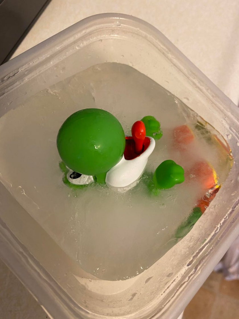So I found my 9 year old’s “lost” Yoshi toy in my freezer.