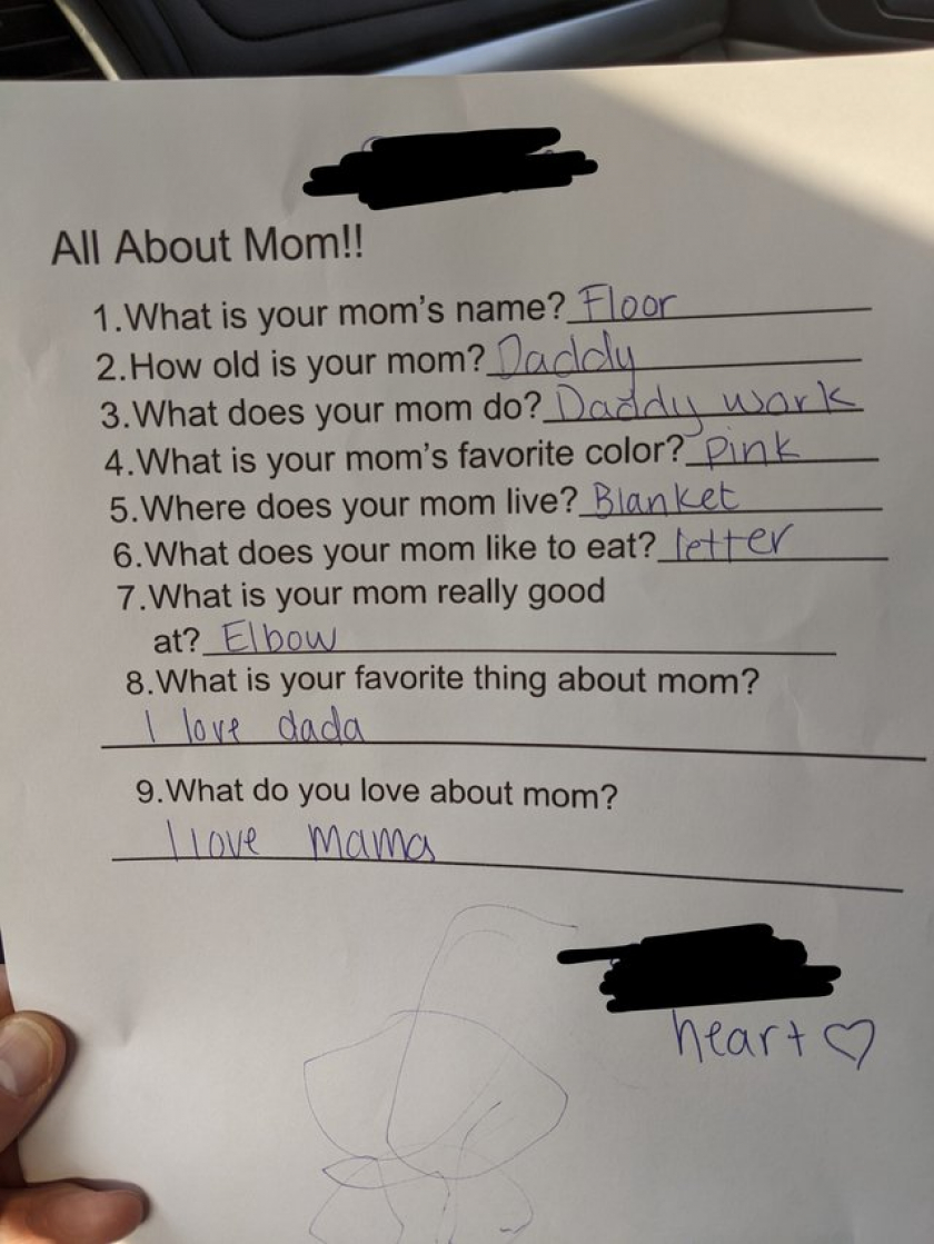 My almost 2 year old son's Mother's day survey from daycare
